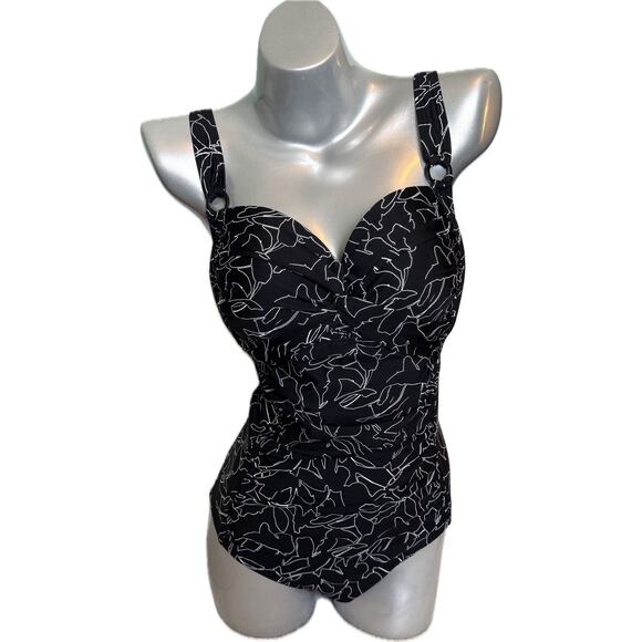 DKNY Twist Tummy Control One Piece Swimsuit Size XL Black White Floral Wireless - Picture 1 of 7